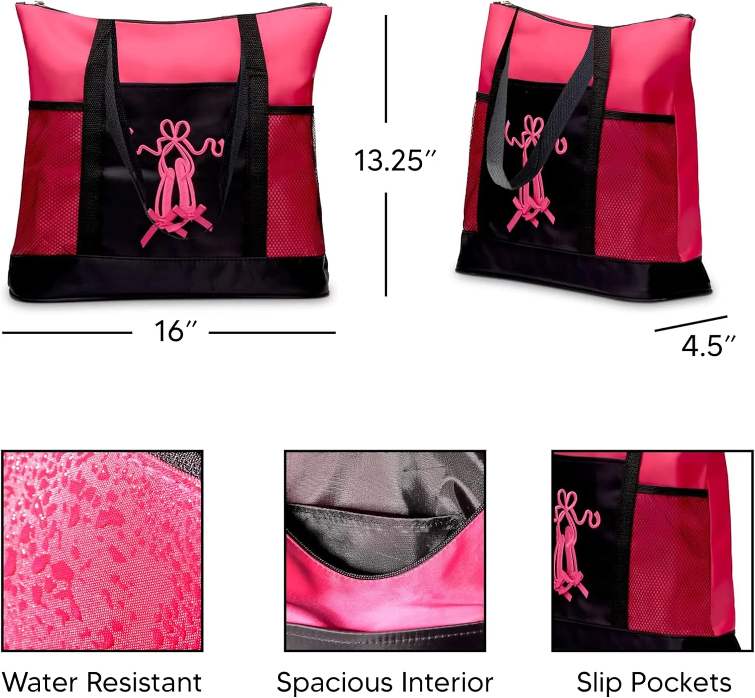 GLOBAL FBA INC Embroidered Dance Ballet Slippers Tote Bag, Kids Travel Bag, Dance Accessories For Girls and Teens