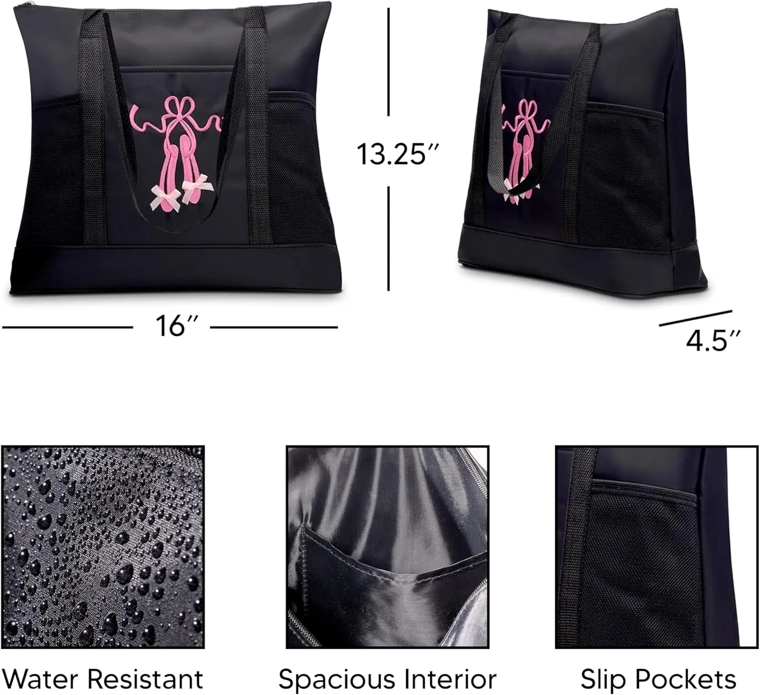GLOBAL FBA INC Embroidered Dance Ballet Slippers Tote Bag, Kids Travel Bag, Dance Accessories For Girls and Teens