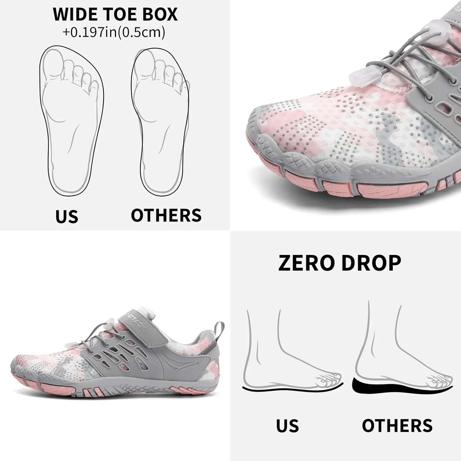 Grand Attack Barefoot Shoes Women Minimalist Zero Drop Lightweight Cross-Trainer for Wrestling Boxing Weightlifting Walking Shoes