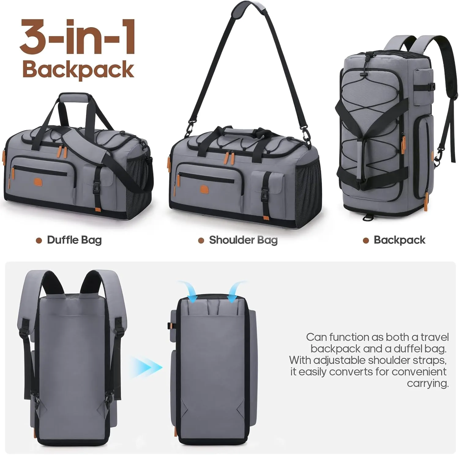 Gym Bag for Men and Women with Shoe & Laptop Compartment, 3-in-1 Sports Travel Duffel Bag Anti-Theft Weekender Carry-On Backpack for Airplane & Workout, Overnight Travel Bag,35L (Dark Grey, Medium)