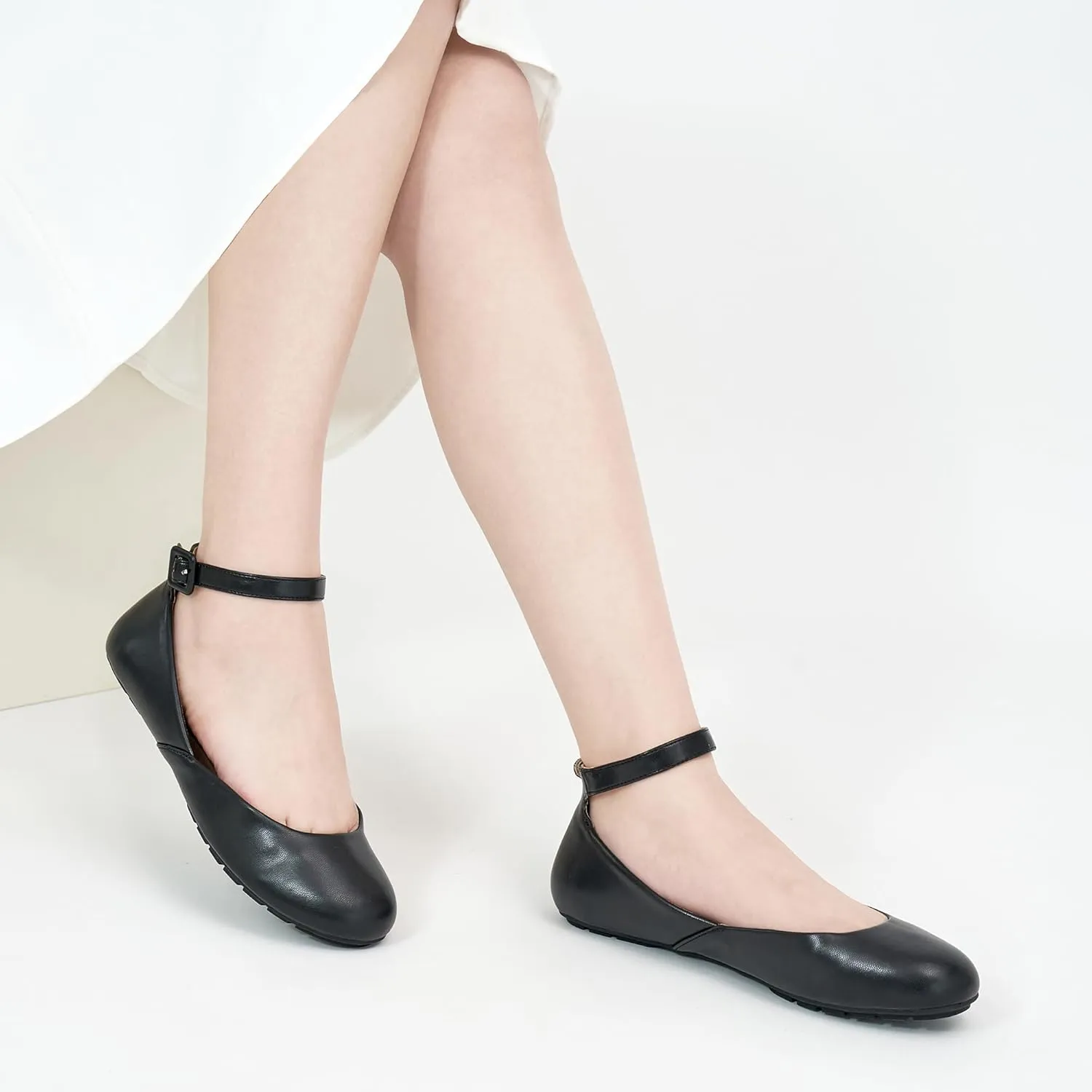 HARENCE Ballet Flats Shoes for Women: Comfortable Round Toe Ankle Strap Slip on Casual Dress Flat for Office Work Business