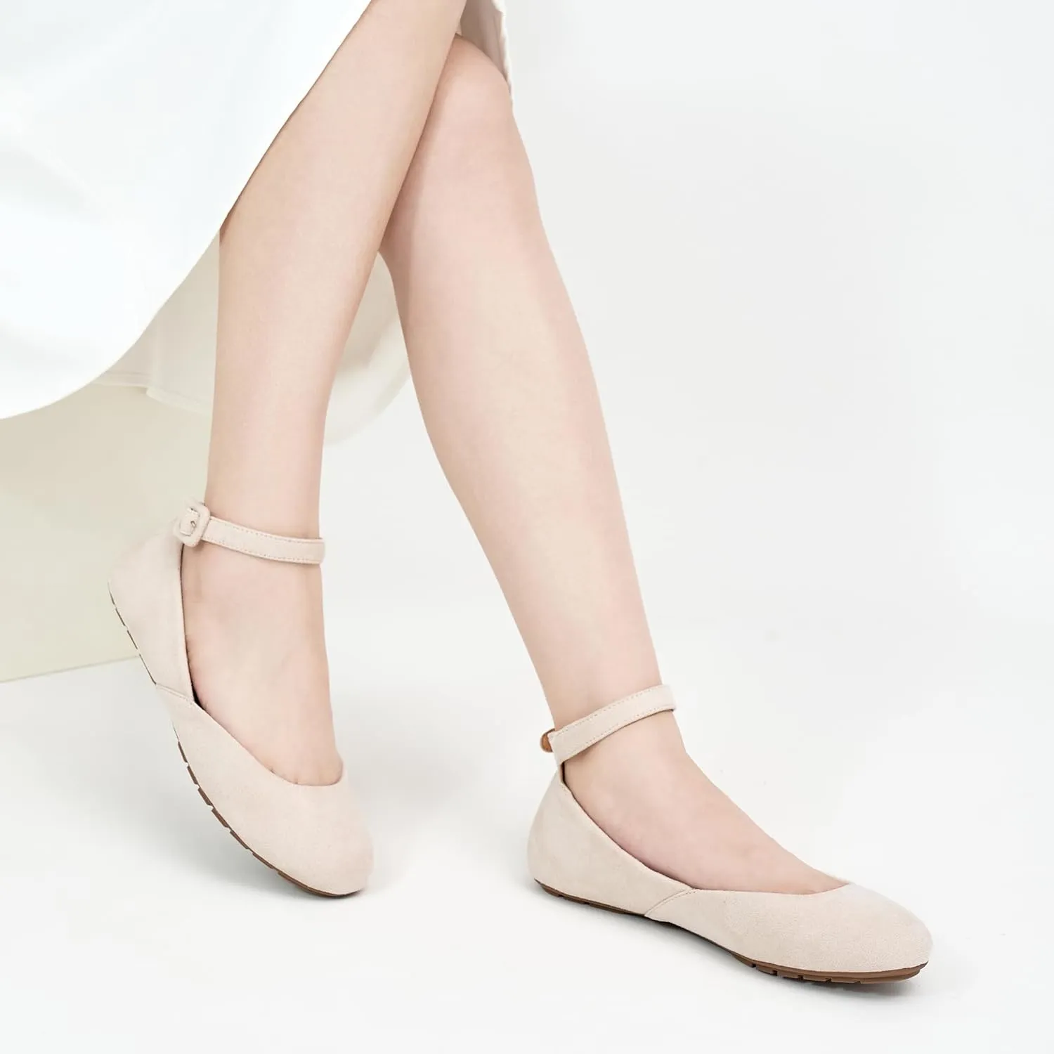 HARENCE Ballet Flats Shoes for Women: Comfortable Round Toe Ankle Strap Slip on Casual Dress Flat for Office Work Business