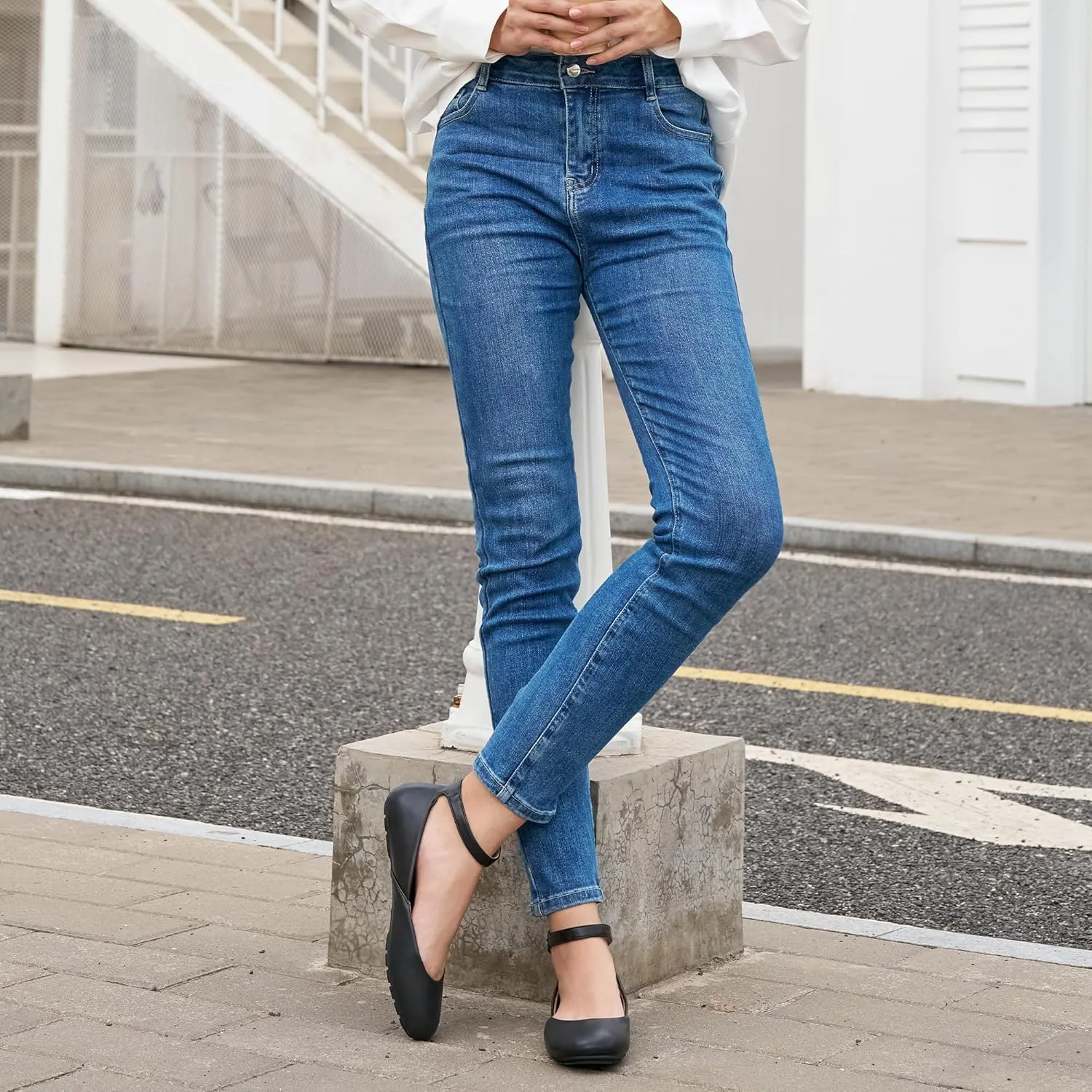 HARENCE Ballet Flats Shoes for Women: Comfortable Round Toe Ankle Strap Slip on Casual Dress Flat for Office Work Business