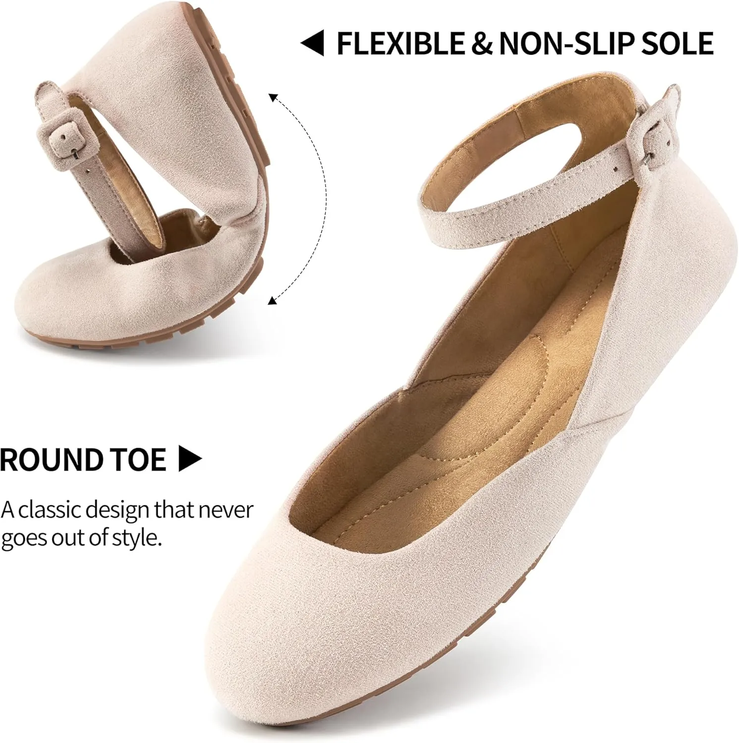 HARENCE Ballet Flats Shoes for Women: Comfortable Round Toe Ankle Strap Slip on Casual Dress Flat for Office Work Business