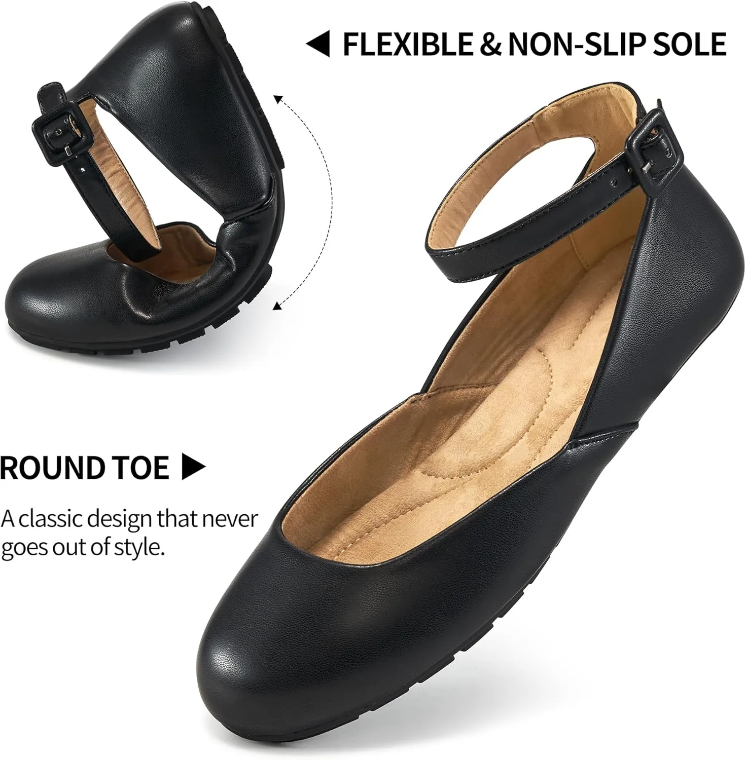 HARENCE Ballet Flats Shoes for Women: Comfortable Round Toe Ankle Strap Slip on Casual Dress Flat for Office Work Business