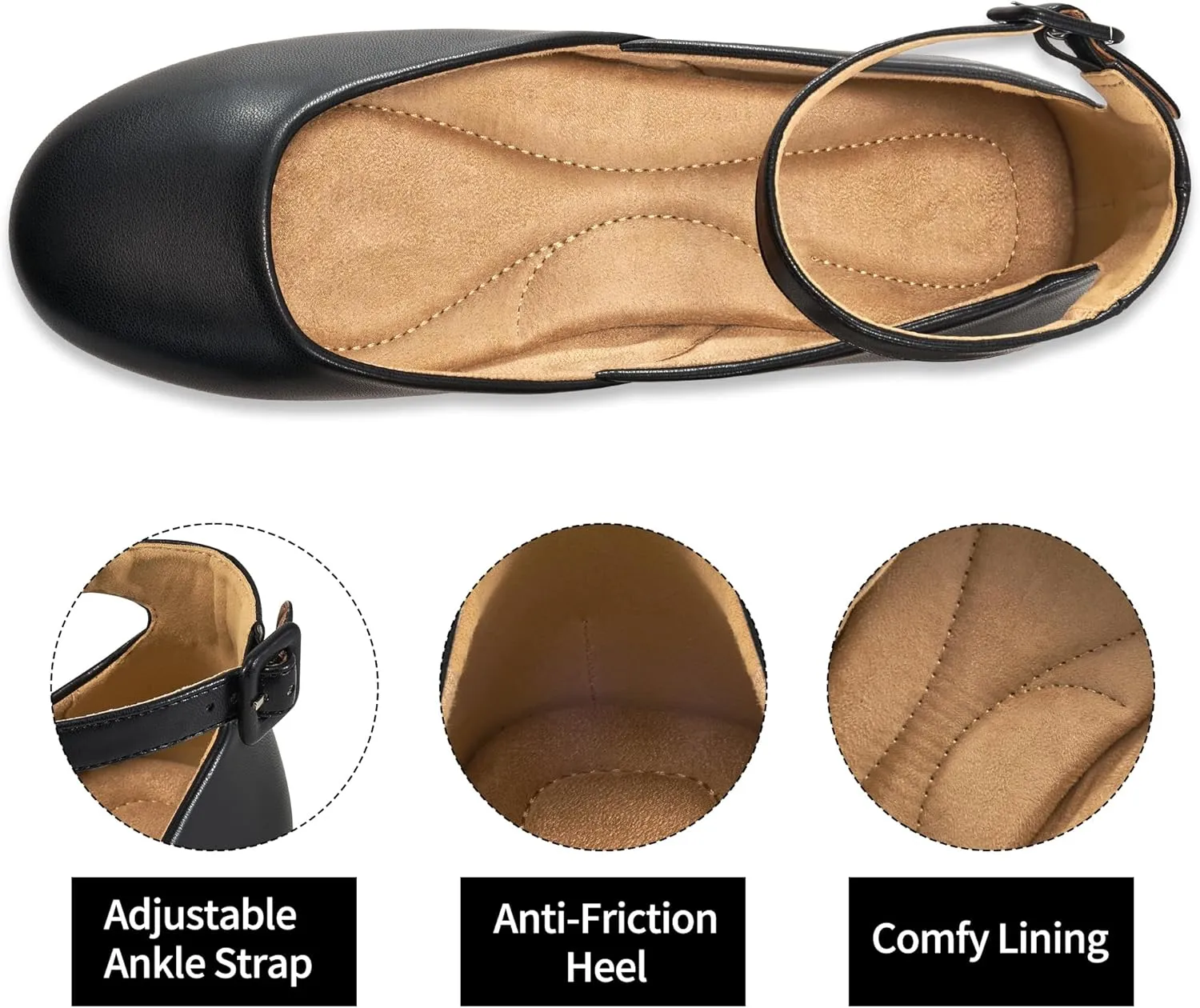 HARENCE Ballet Flats Shoes for Women: Comfortable Round Toe Ankle Strap Slip on Casual Dress Flat for Office Work Business