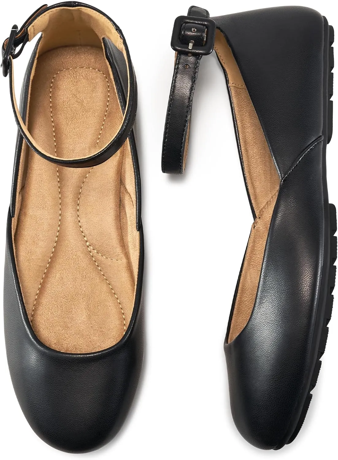 HARENCE Ballet Flats Shoes for Women: Comfortable Round Toe Ankle Strap Slip on Casual Dress Flat for Office Work Business