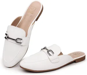 Hawkwell Women's Metal Chain Decor Backless Slip on Slides Loafer Shoes Flats Comfortable Round Toe Mules
