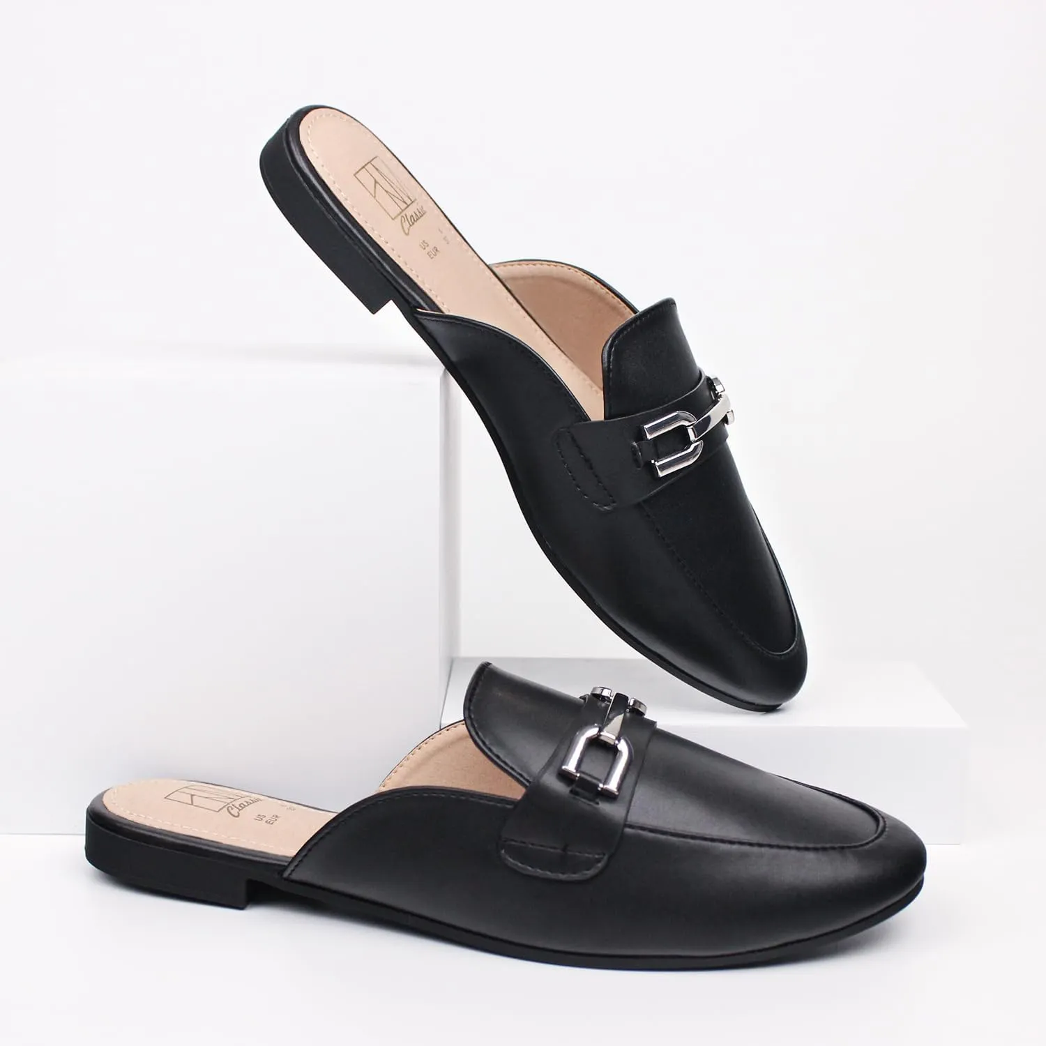 Hawkwell Women's Metal Chain Decor Backless Slip on Slides Loafer Shoes Flats Comfortable Round Toe Mules