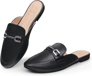 Hawkwell Women's Metal Chain Decor Backless Slip on Slides Loafer Shoes Flats Comfortable Round Toe Mules
