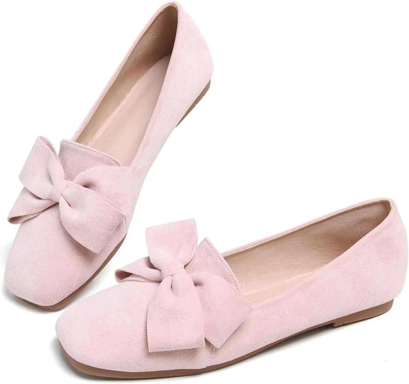 Hee grand Bowknot Ballet Flats for Women Square Toe Dressy Shoes Suede Comfort Slip-On Loafers Casual Women's Flats
