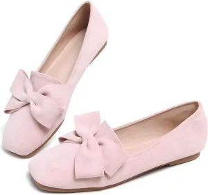Hee grand Bowknot Ballet Flats for Women Square Toe Dressy Shoes Suede Comfort Slip-On Loafers Casual Women's Flats