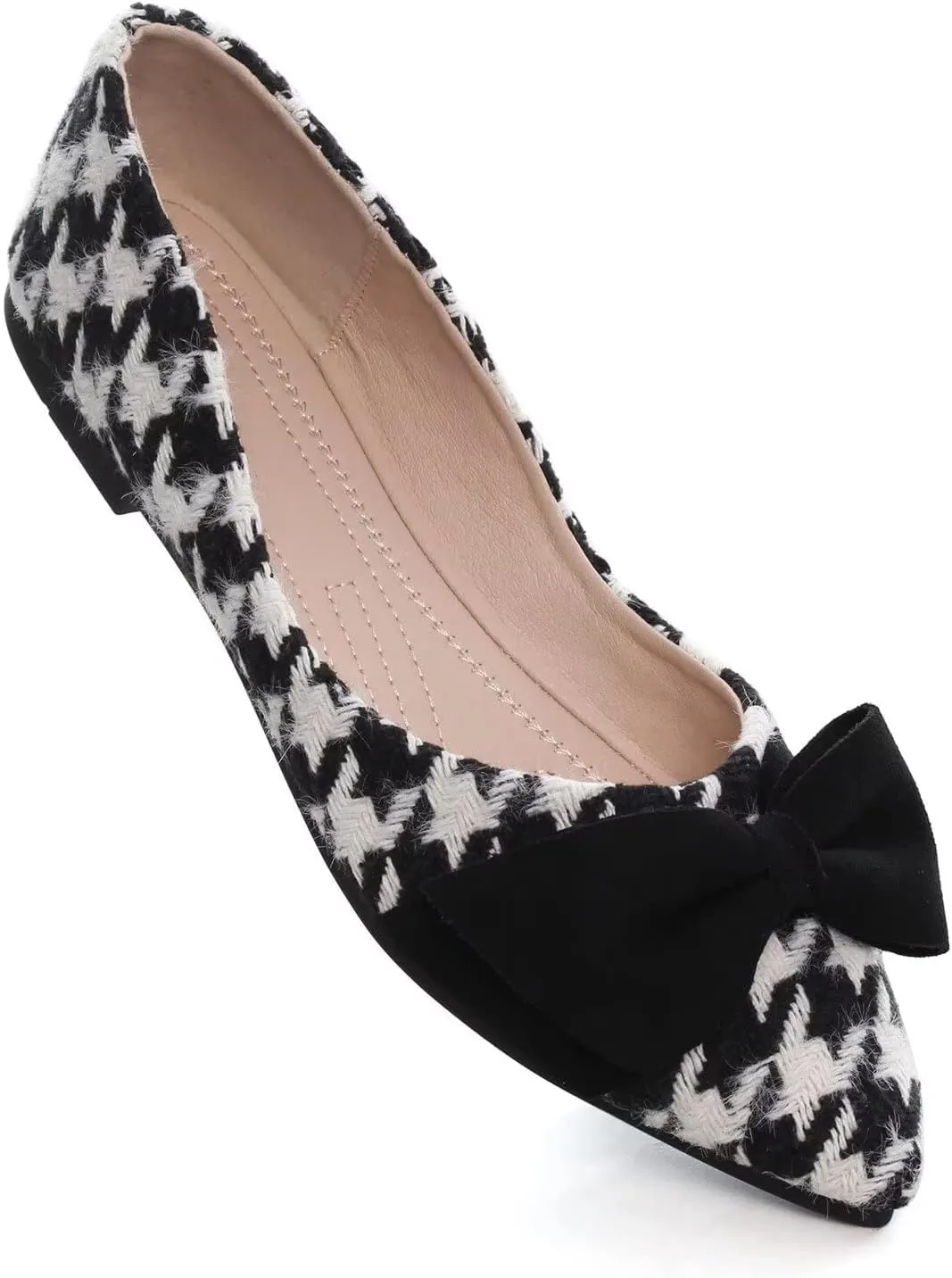 Hee grand Bowknot Pointed Toe Ballet Flats for Women Comfort Slip-On Work Flats Suede Solid Dress Shoes