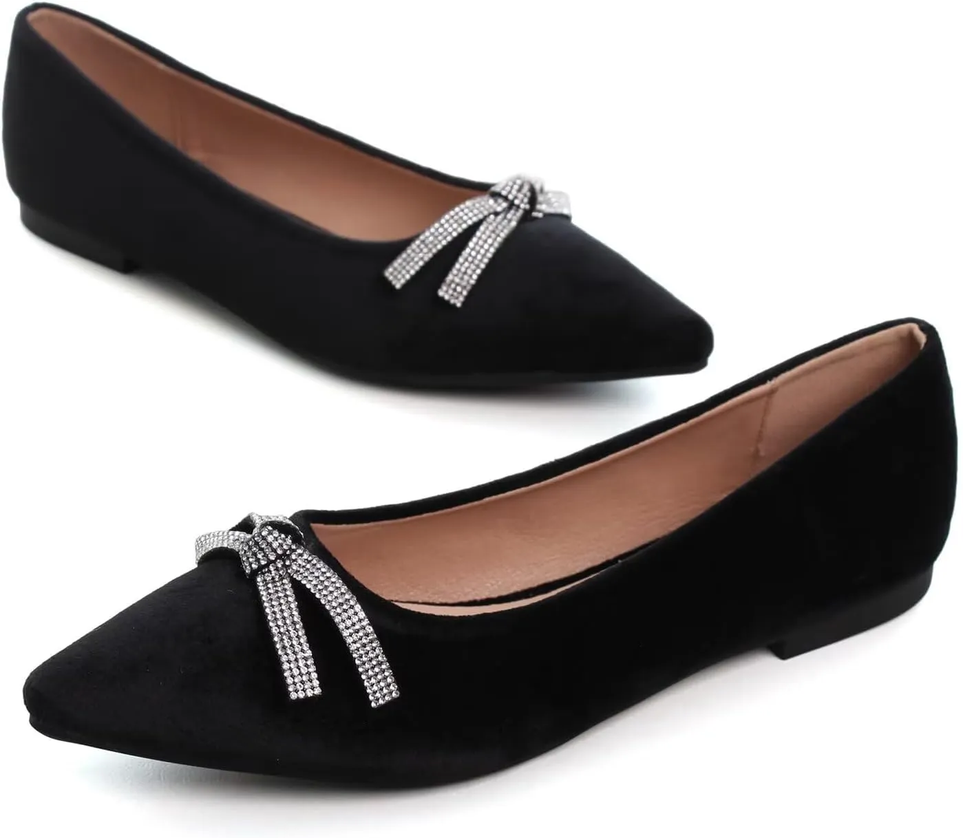 Hee grand Pointed Toe Ballet Flats for Women Suede Rhinestones Chains Black Dress Shoes Comfort Slip-On Loafers