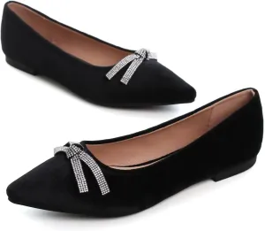 Hee grand Pointed Toe Ballet Flats for Women Suede Rhinestones Chains Black Dress Shoes Comfort Slip-On Loafers