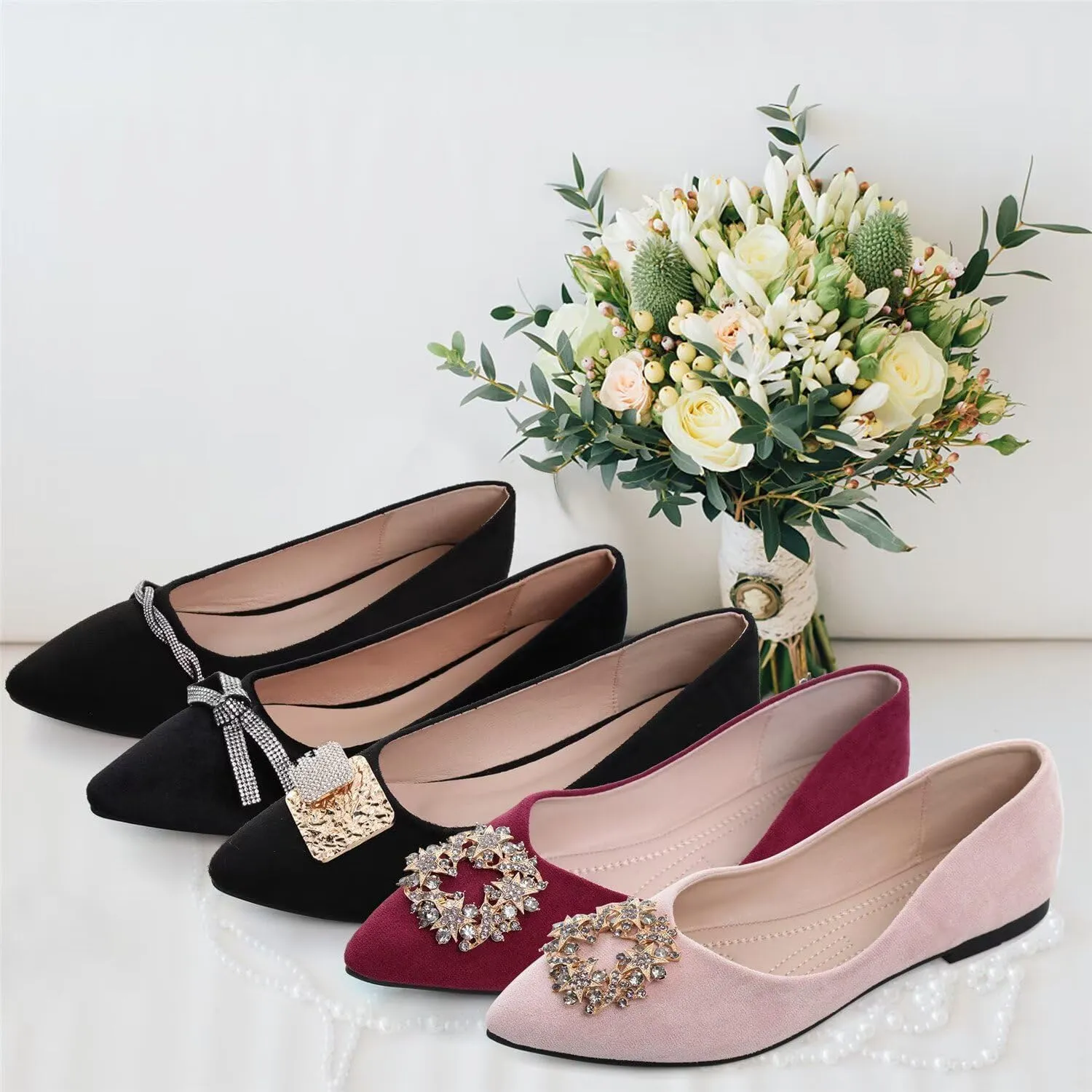 Hee grand Pointed Toe Ballet Flats for Women Suede Rhinestones Chains Black Dress Shoes Comfort Slip-On Loafers