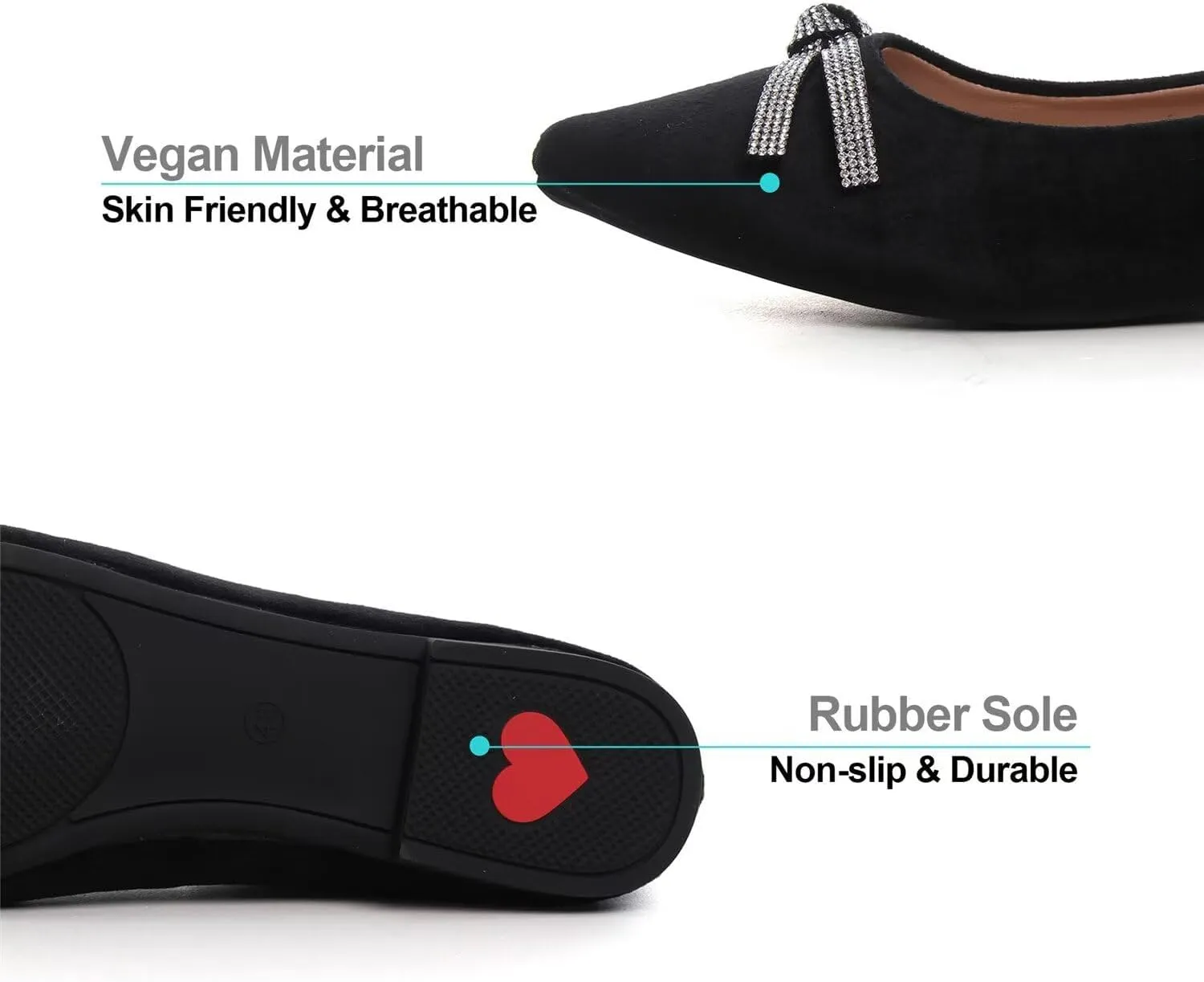 Hee grand Pointed Toe Ballet Flats for Women Suede Rhinestones Chains Black Dress Shoes Comfort Slip-On Loafers