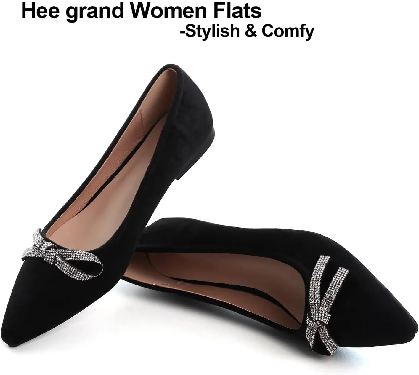 Hee grand Pointed Toe Ballet Flats for Women Suede Rhinestones Chains Black Dress Shoes Comfort Slip-On Loafers