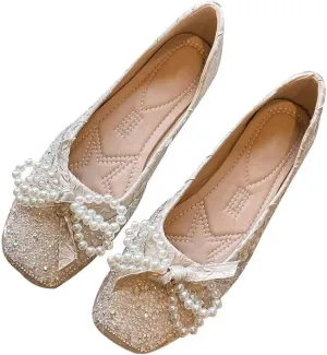 Hee grand Women Crystals Bowknot Ballet Flats Square Toe Slip On Flat Shoes Fashion Rhinestones Dress Shoes