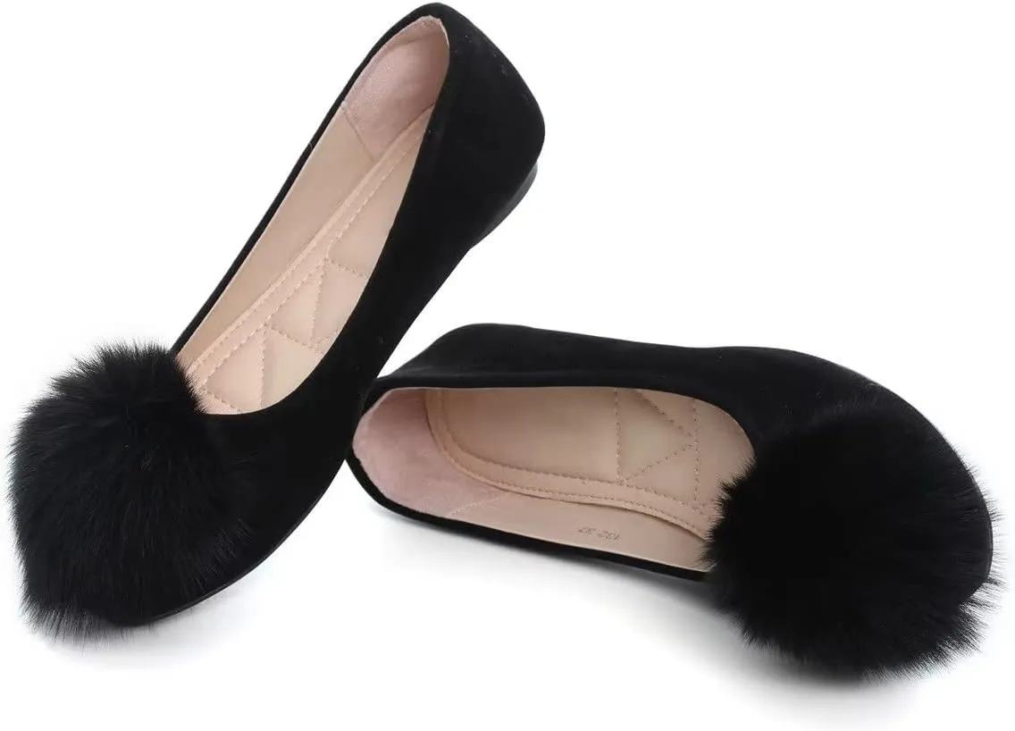 Hee grand Women Pom Pom Causal Flats -Solid Slip on Shallow Comfortable Ballet Shoes