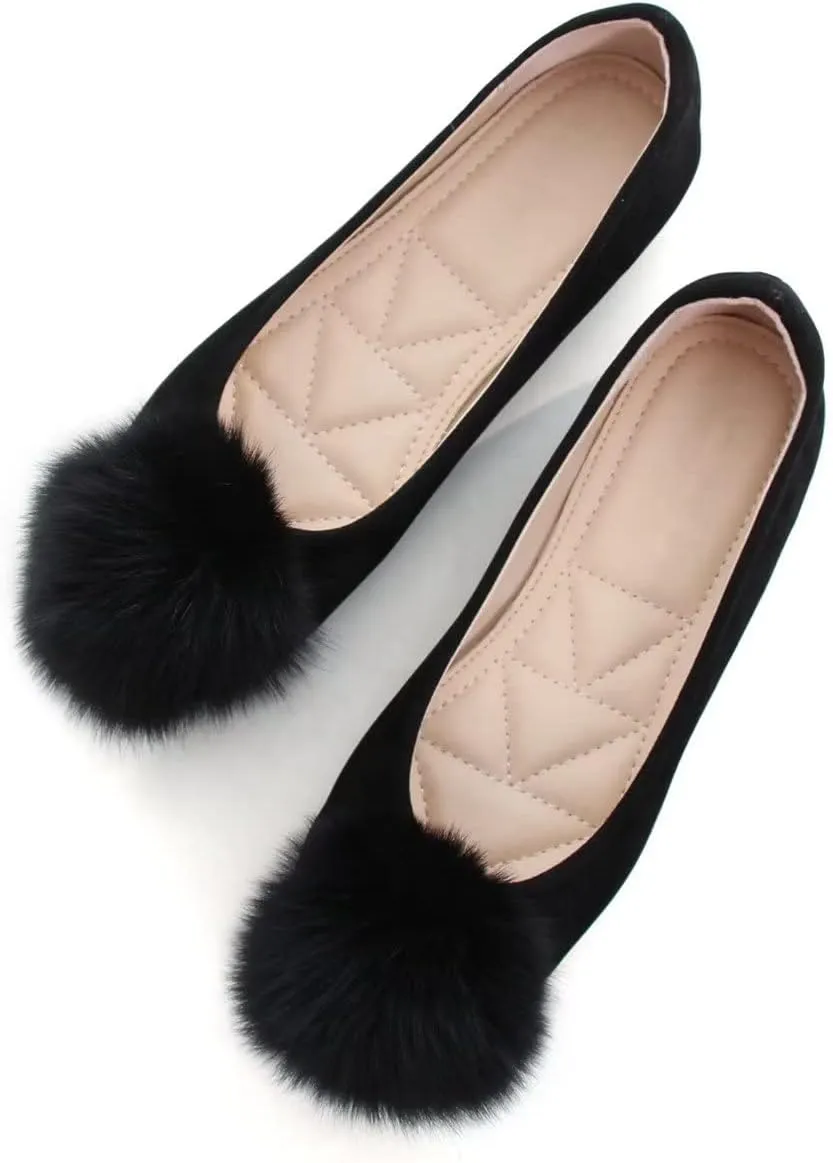 Hee grand Women Pom Pom Causal Flats -Solid Slip on Shallow Comfortable Ballet Shoes
