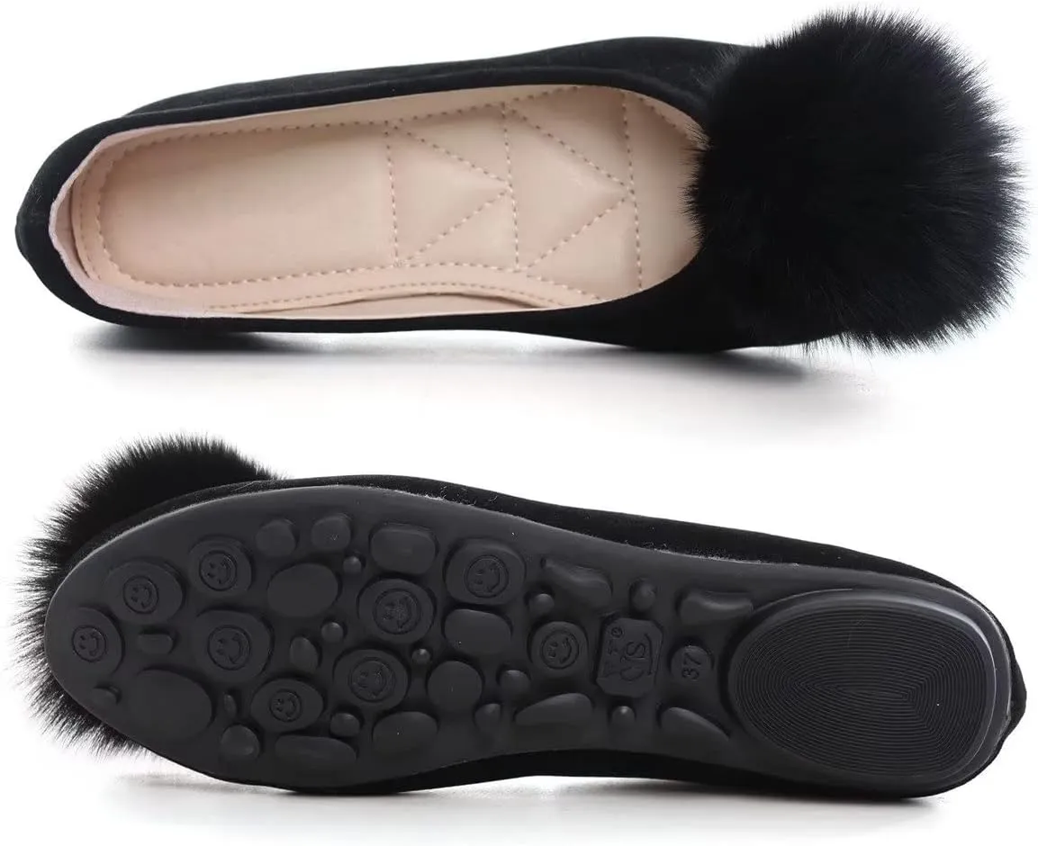 Hee grand Women Pom Pom Causal Flats -Solid Slip on Shallow Comfortable Ballet Shoes