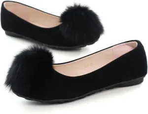 Hee grand Women Pom Pom Causal Flats -Solid Slip on Shallow Comfortable Ballet Shoes