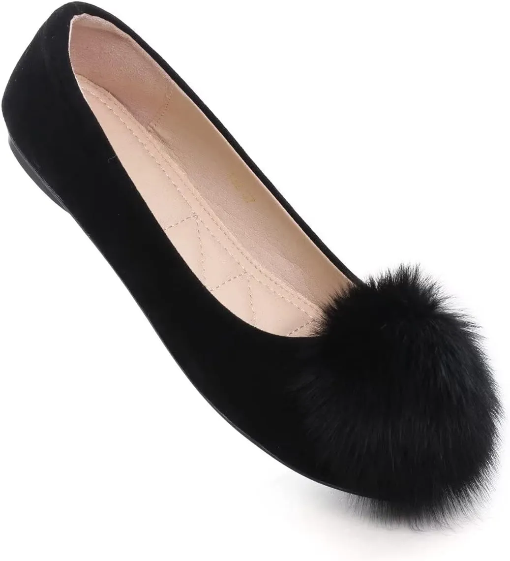 Hee grand Women Pom Pom Causal Flats -Solid Slip on Shallow Comfortable Ballet Shoes