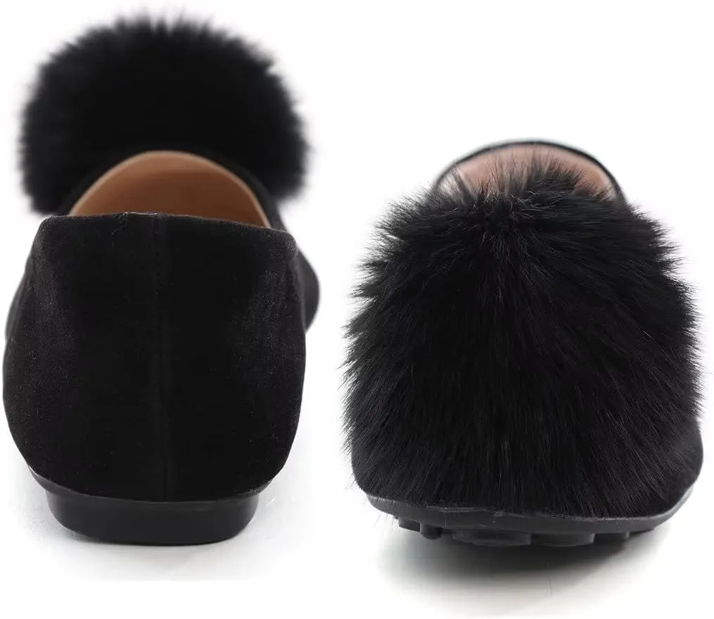 Hee grand Women Pom Pom Causal Flats -Solid Slip on Shallow Comfortable Ballet Shoes