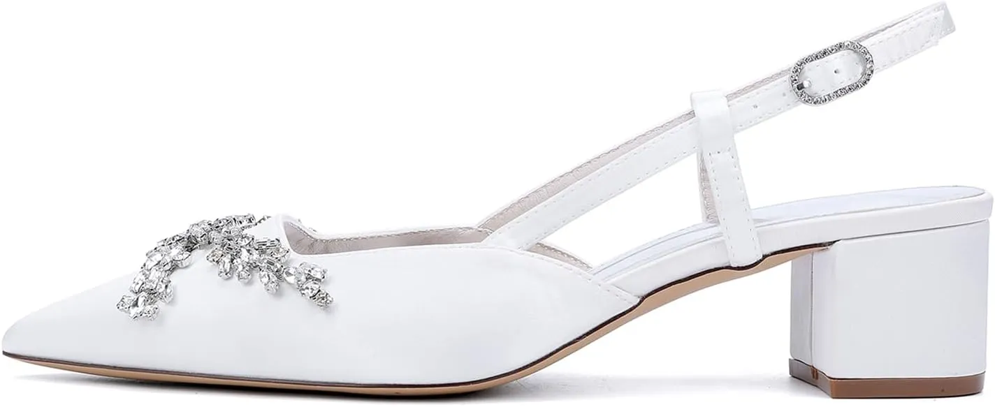 Heels for Women Slingback Wedding for Bride Block Heel Bridal Shoes Closed Toe Ankle Strap Women Sandals Rhinestones Elegant Prom Pump