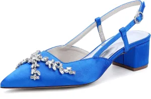 Heels for Women Slingback Wedding for Bride Block Heel Bridal Shoes Closed Toe Ankle Strap Women Sandals Rhinestones Elegant Prom Pump