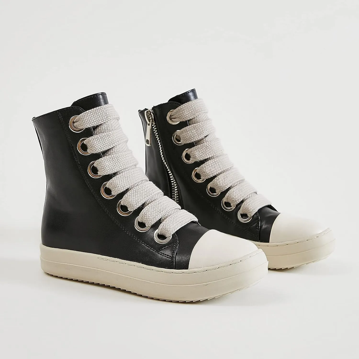 High Top Sneakers for Women Thick Shoe Laces PU Leather Comfort Zipper Platform Walking Shoes