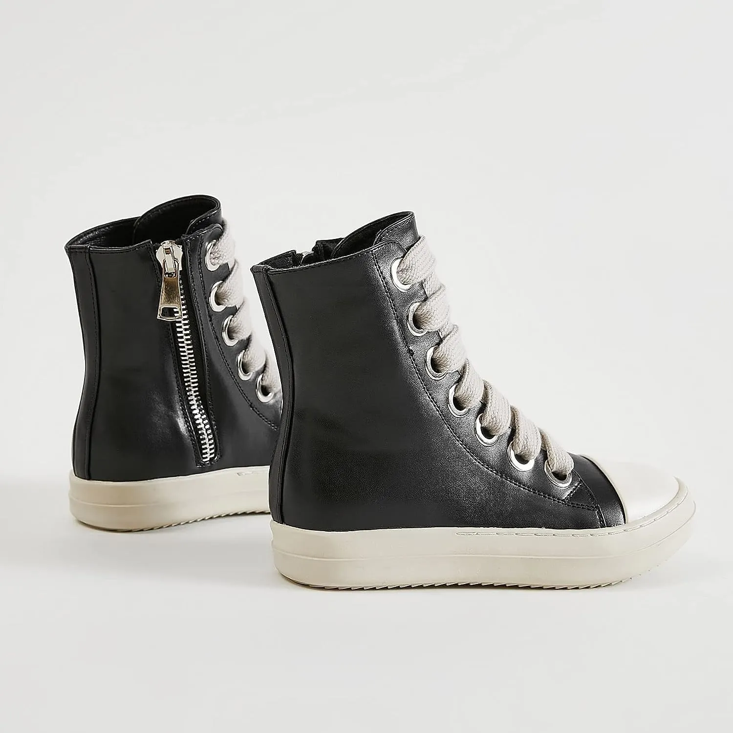 High Top Sneakers for Women Thick Shoe Laces PU Leather Comfort Zipper Platform Walking Shoes