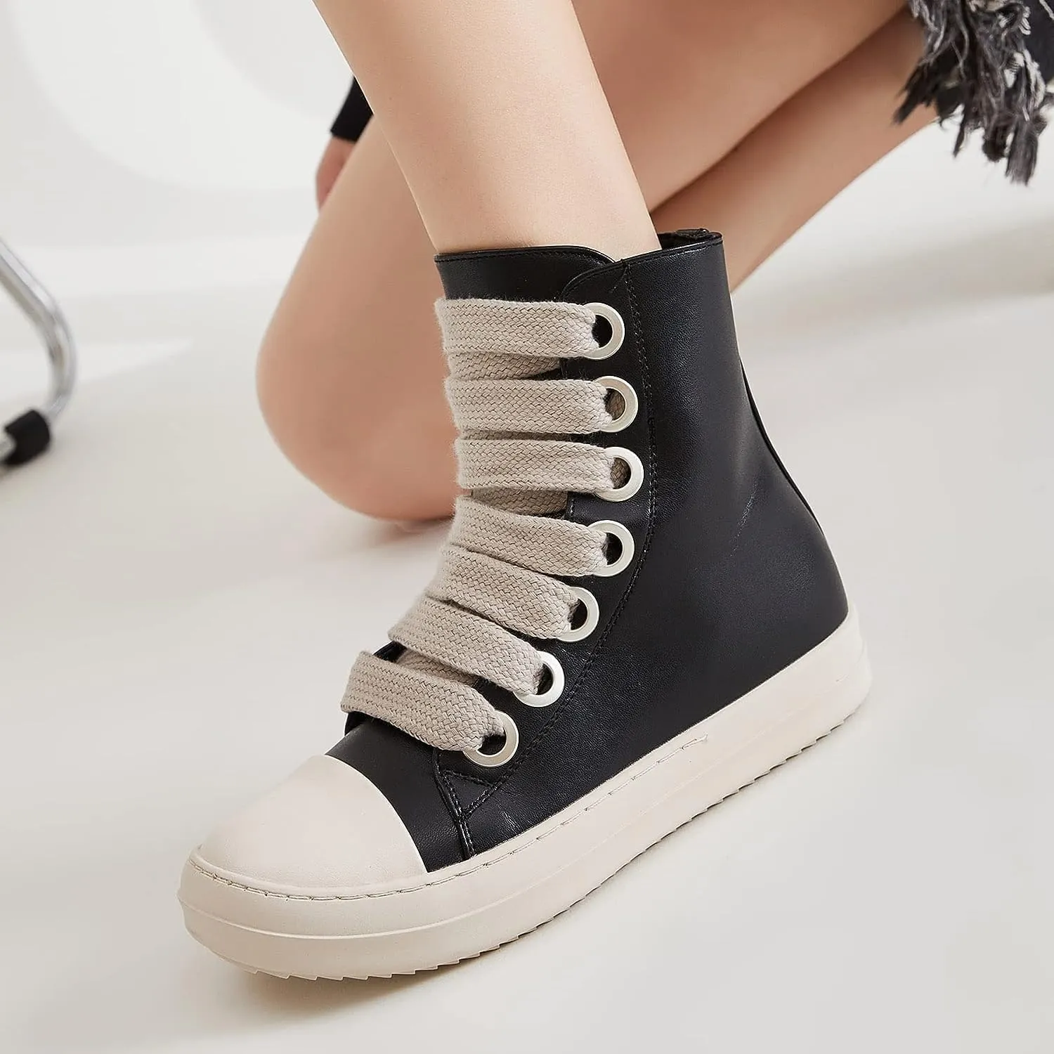 High Top Sneakers for Women Thick Shoe Laces PU Leather Comfort Zipper Platform Walking Shoes