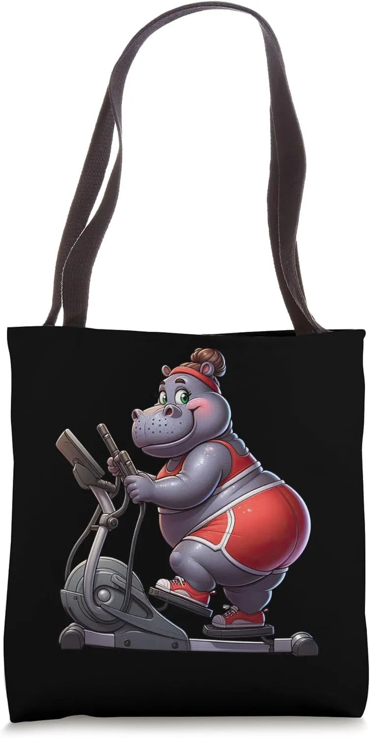 Hippo on Elliptical Trainer Gym Fitness Workout Training Tote Bag