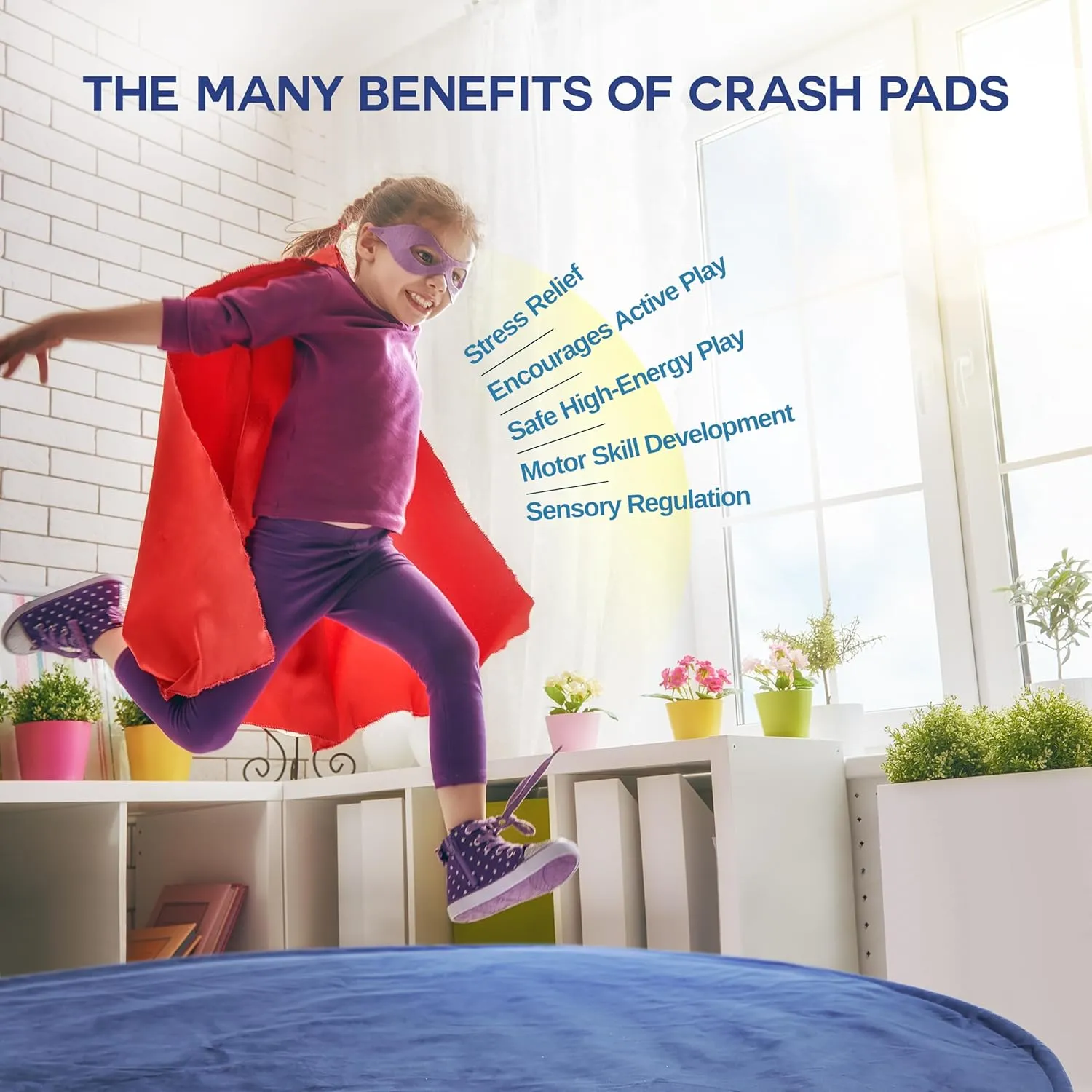 Homewell 4 Ft Round Crash Pad – Soft Velvet Cover Sensory Crash Pad for Kids with Durable Shock-Absorbing Foam, Machine Washable Cover, Ultimate Comfort and Safety for Kids, Adults and Pets (Blue)