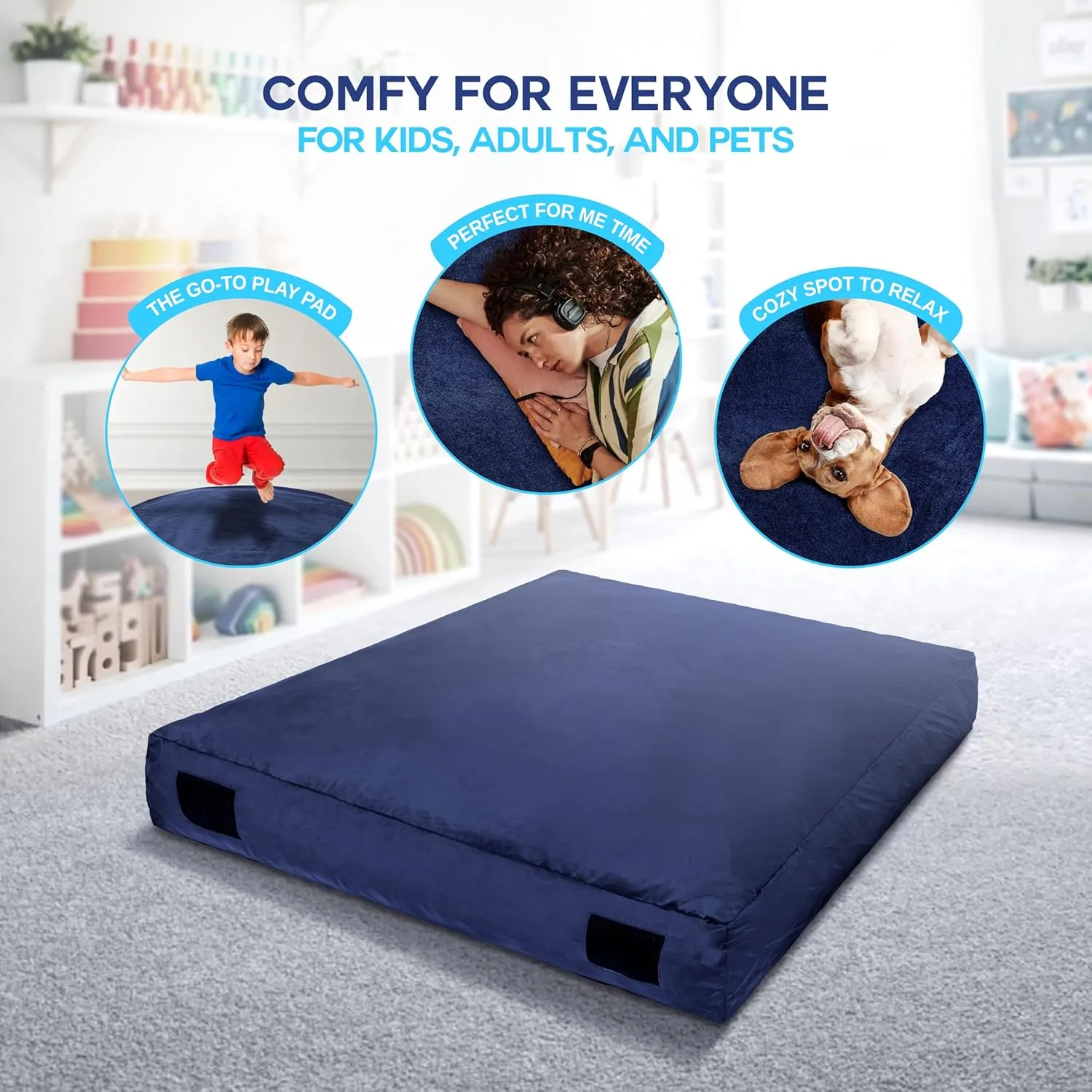 Homewell 4 Ft Round Crash Pad – Soft Velvet Cover Sensory Crash Pad for Kids with Durable Shock-Absorbing Foam, Machine Washable Cover, Ultimate Comfort and Safety for Kids, Adults and Pets (Blue)