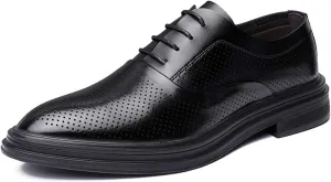 HOOENG Dress Oxford Shoes for Men Lace Up Round Toe Brogue Embossed Leather Slip Resistant Anti-Slip Block Heel Classic (Color : Perforated, Size : 8)