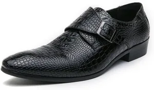 HOOENG Formal Shoes for Men Slip On Pointed Burnished Toe Faux Leather Crocodile Print Monk Strap Block Heel Slip Resistant Anti-Slip Outdoor(Color:Black,Size:6.5)