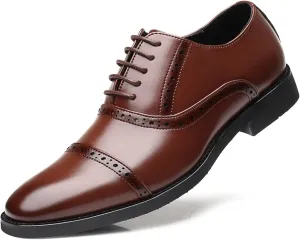 HOOENG Oxford Shoes for Men Lace Up Cap Toe Round Burnished Toe Vegan Leather Slip Resistant Anti-Slip Non Slip Block Heel Rubber Sole Classic (Color : Brown, Size : 8.5)