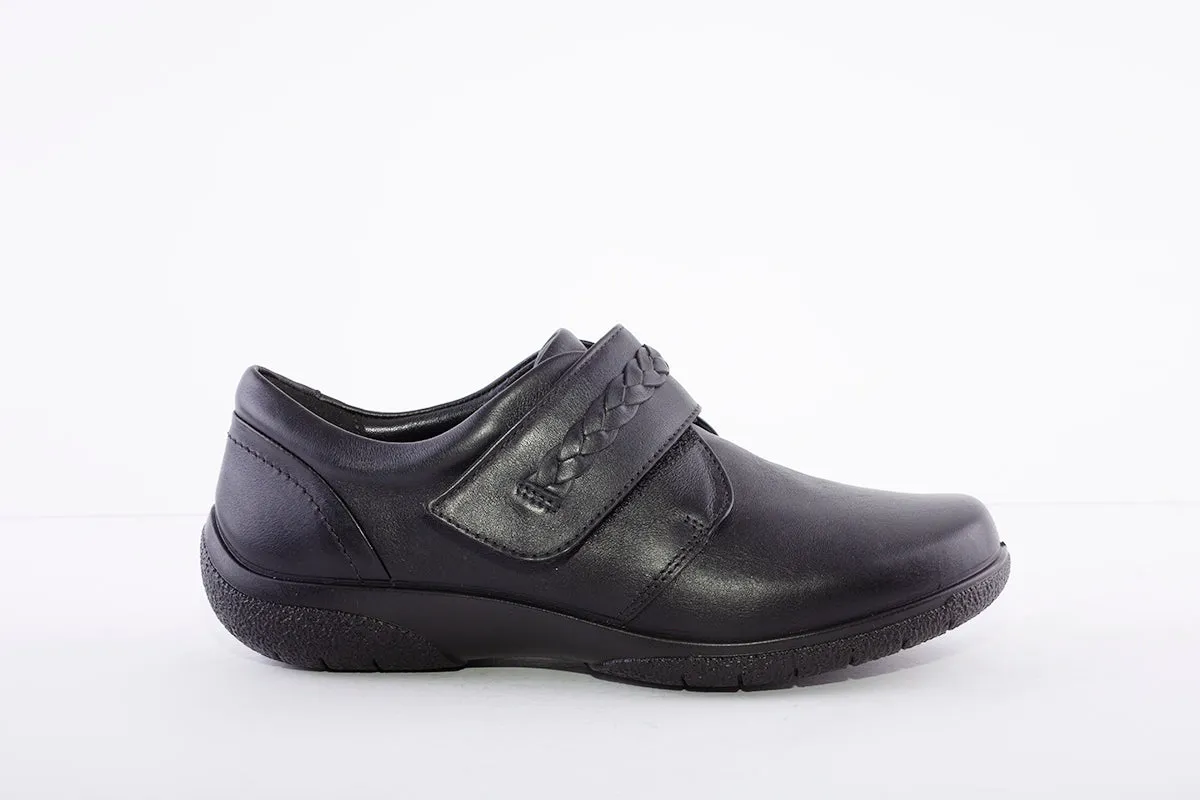 HOTTER - Sweet Black Leather Velcro Shoe