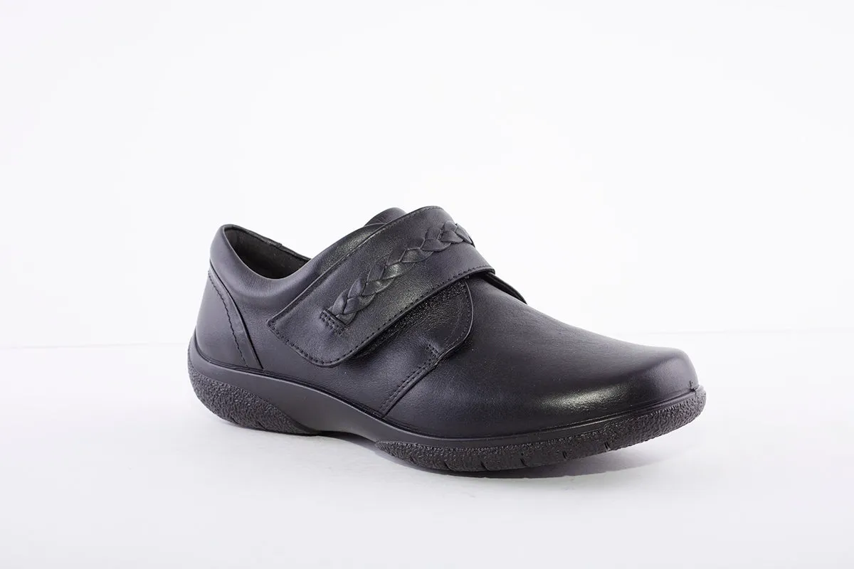 HOTTER - Sweet Black Leather Velcro Shoe
