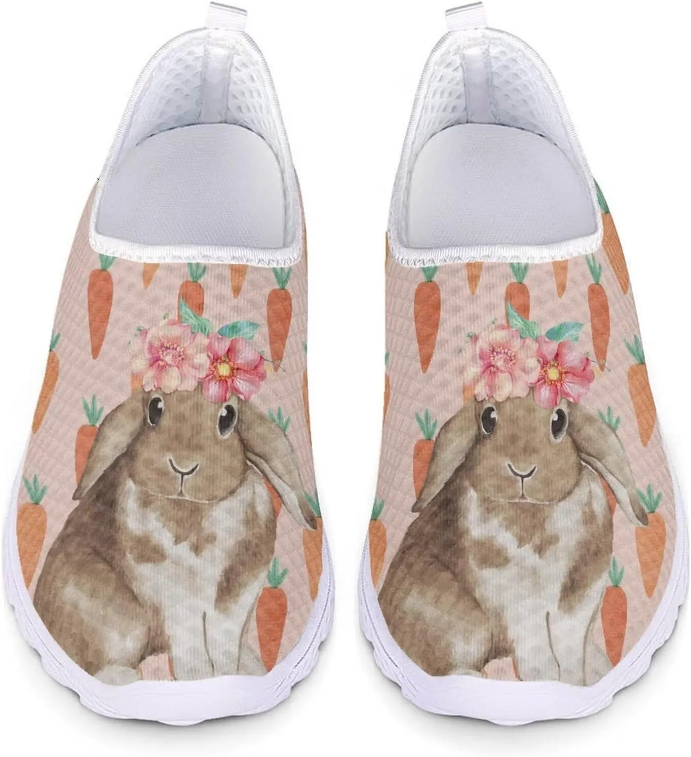 HUIACONG Easter Rabbit Women Slip-On Sneaker Flower Radish Female Running Shoes for Teen Girls Mesh Flat 9.5 Size Comfortable Trainer Lightweight Nonslip Loafers