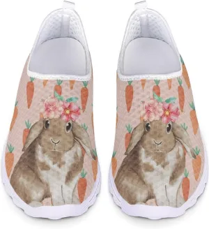 HUIACONG Easter Rabbit Women Slip-On Sneaker Flower Radish Female Running Shoes for Teen Girls Mesh Flat 9.5 Size Comfortable Trainer Lightweight Nonslip Loafers