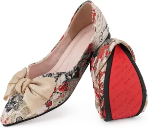 Hxlber Women's Flats Shoes Pointed Toe Bow Embroidery Ballet Comfortable Dressy Slip On Flat