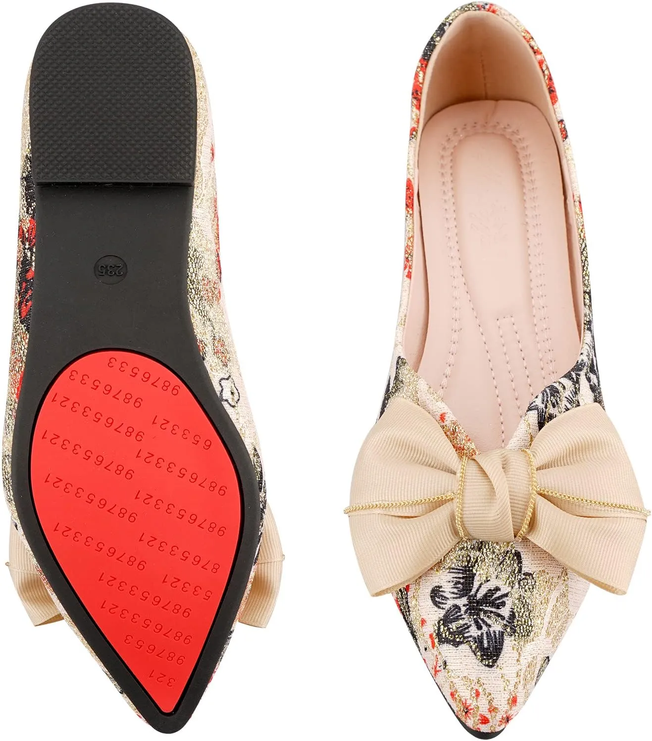 Hxlber Women's Flats Shoes Pointed Toe Bow Embroidery Ballet Comfortable Dressy Slip On Flat