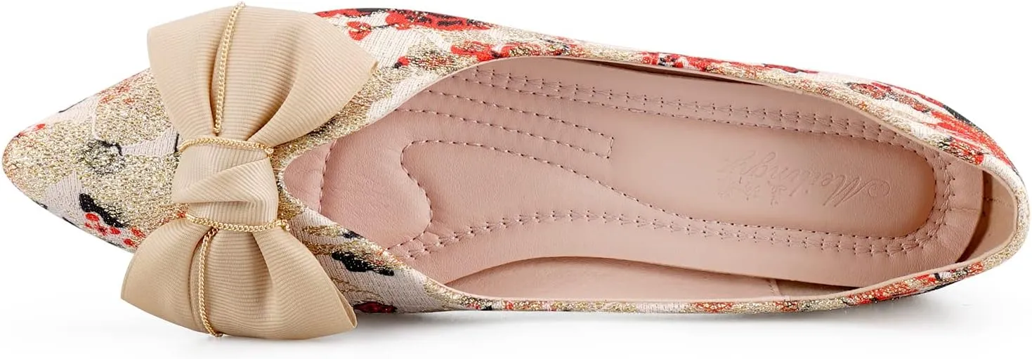 Hxlber Women's Flats Shoes Pointed Toe Bow Embroidery Ballet Comfortable Dressy Slip On Flat