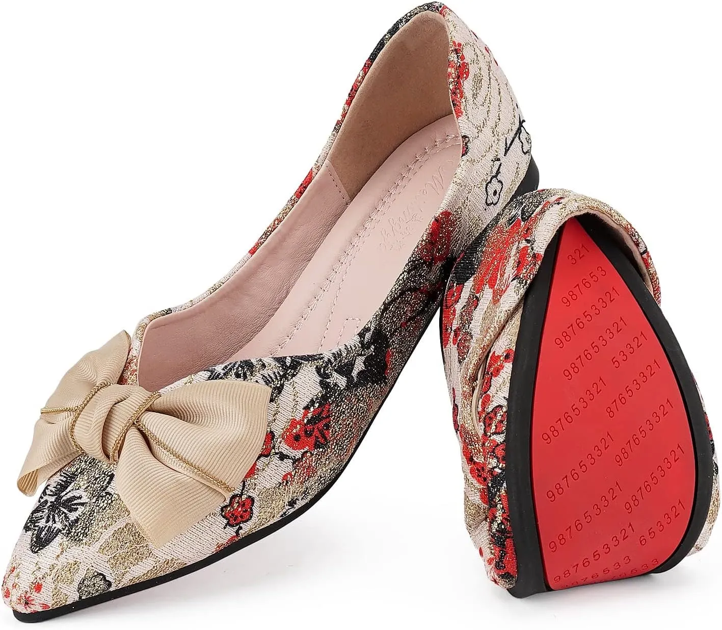 Hxlber Women's Flats Shoes Pointed Toe Bow Embroidery Ballet Comfortable Dressy Slip On Flat