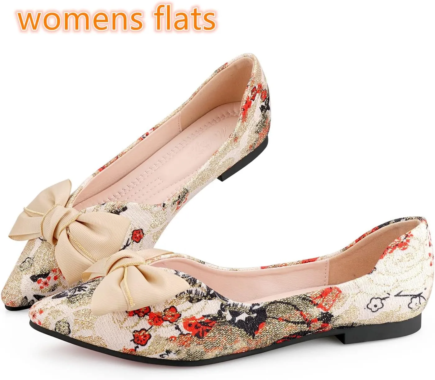 Hxlber Women's Flats Shoes Pointed Toe Bow Embroidery Ballet Comfortable Dressy Slip On Flat