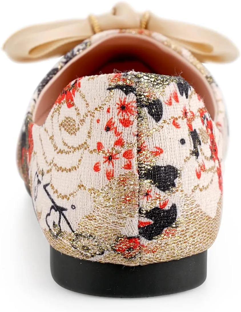 Hxlber Women's Flats Shoes Pointed Toe Bow Embroidery Ballet Comfortable Dressy Slip On Flat